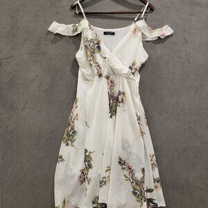 Noctflos Sheer Midi Dress Women's Size XXL Faux Wrap Cold Floral Shoulder Ruffle